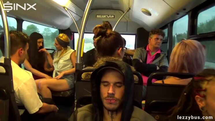 Tattooed Blondes and Brunettes Lick Pussy on Bus